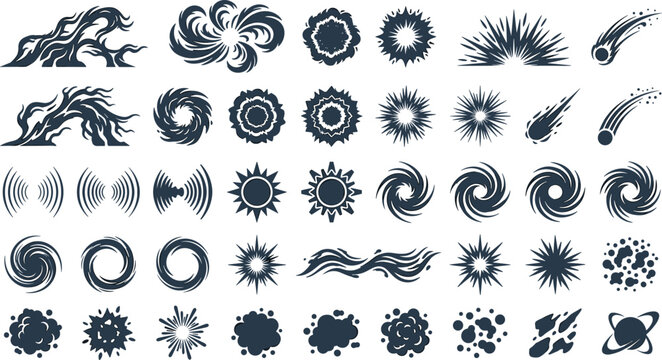 Flat vector icon set containing comic book speed lines explosion stars smoke clouds waves soundwaves meteorites and cosmic elements