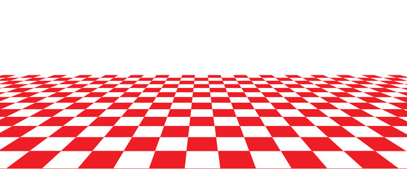 Fototapeta premium Checkered abstract wallpaper, red and white flooring illusion pattern texture background. 3d squares.