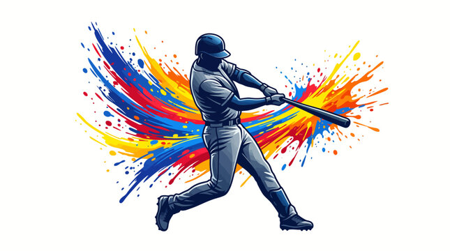 Action-packed scene of a baseball player hitting a softball with colorful splashes
