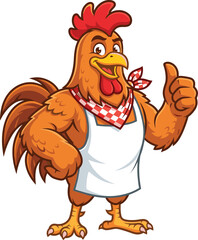 Cheerful cartoon rooster chef character wearing apron and showing thumbs up gesture vector mascot illustration for restaurant logo © Sojol