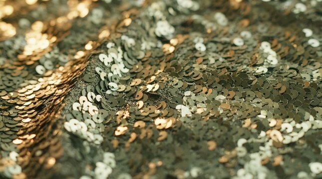 Macro Close Up of Shimmering Gold and Silver Sequin Fabric Texture for Luxury Fashion Backgrounds and Glamorous Event Design Projects