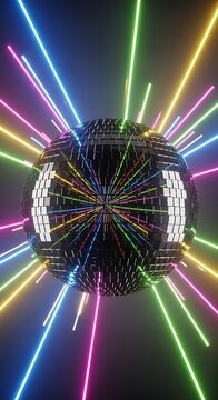 Reflective Disco Ball Surrounded by Colorful Neon Light Beams in Dark Party Background