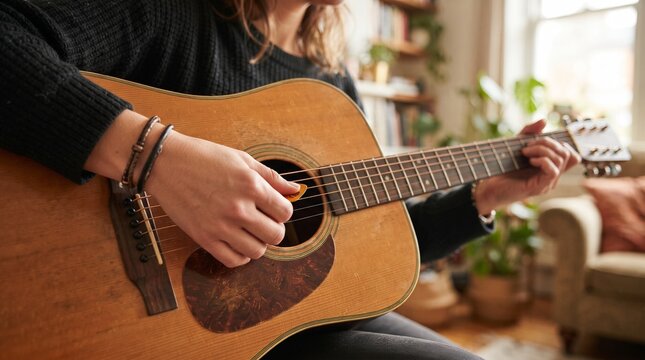 Acoustic Guitar Player Strumming Chords at Home