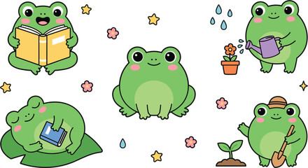 Fototapeta premium Cute cartoon frog characters vector set featuring green frogs reading sleeping gardening watering flowers and lily pad illustration