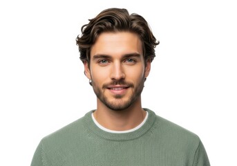 Fototapeta premium Portrait of a Handsome Young Man with Wavy Brown Hair and a Friendly Smile Isolated on White Background