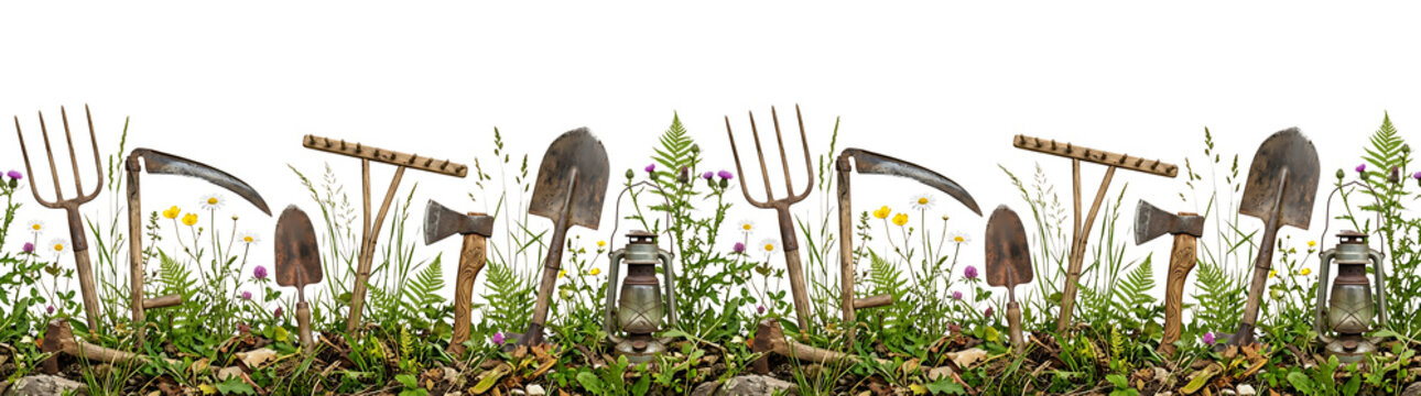 Vintage farm tools. flowers and plants forming a seamless border with an antique lantern