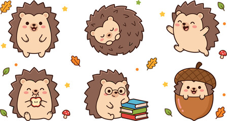 Cute cartoon hedgehog characters vector set featuring sleeping jumping reading eating apple and woodland autumn forest animal illustration © Dulal creation 