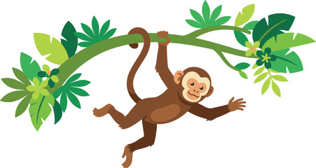 Cute cartoon monkey character hanging on tropical tree branch with green leaves flat vector illustration for kids book design © Sojol