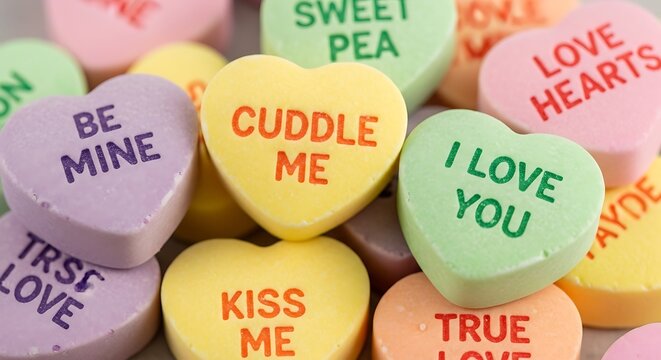 Colorful Heart Shaped Candy with Romantic Messages in Close Up Arrangement
