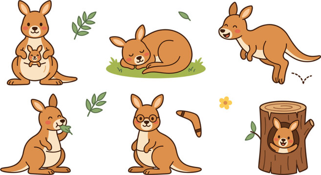 Cute cartoon kangaroo characters vector set with joey baby kangaroo jumping sleeping and australian wildlife animals illustration