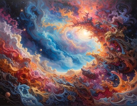 A vibrant, swirling cosmic artwork depicts nebulae with luminous celestial bodies in an ethereal vista, rich in color and texture