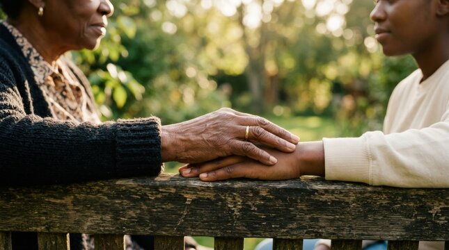 Elderly Black woman&rsquo;s wrinkled hand resting on a younger person&rsquo;s hand across a garden bench, warm outdoor light, quiet conversation, intergenerational compassion, trust and emotional support