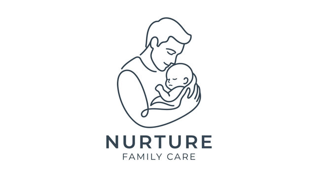Minimalist line art logo featuring a father cradling his newborn baby.
