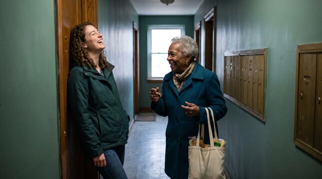 Senior woman chatting with younger woman in apartment hallway