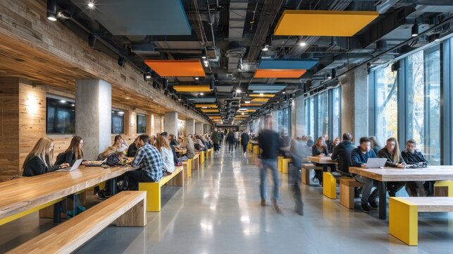 Modern industrial style cafeteria with people working and eating at long wooden tables in a communal office space