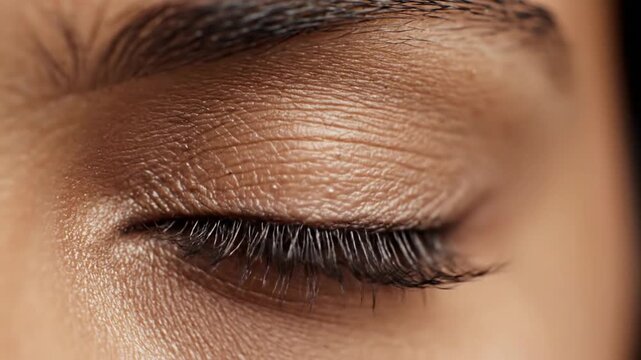 Close-up of a woman's eye with long eyelashes and smooth skin
