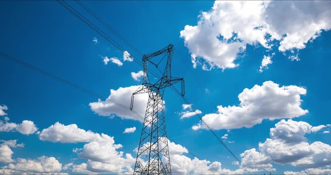 High voltage electricity tower pylon in a low angle wide shot time lapse with white clouds moving fast across a blue sky