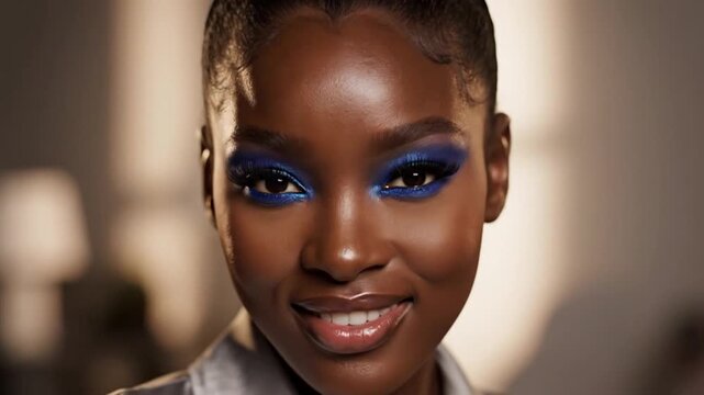 A beautiful dark-skinned woman with blue eye makeup smiling warmly at the camera.