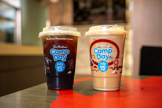 Close up of Tim Hortons Camp Day iced coffee and iced latte. Toronto, Canada - July 8, 2026.