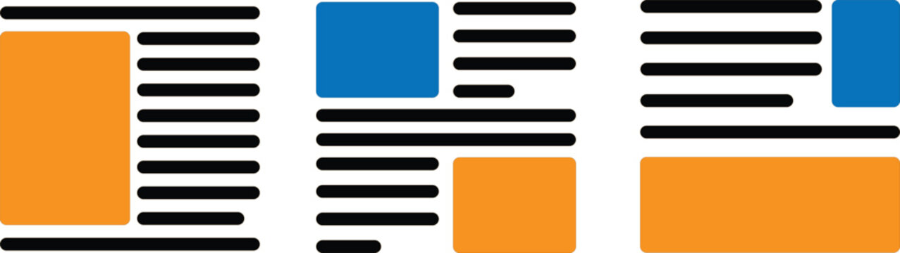 Abstract interface blocks with orange and blue placeholders for digital publishing, blog grid design, and UX UI mockup development