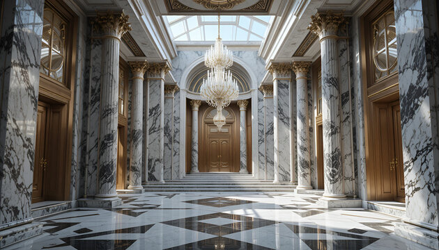 Majestic marble hall interior with grand columns with columns large chandelier luxurious marble tall columns architecture perspective corinthian