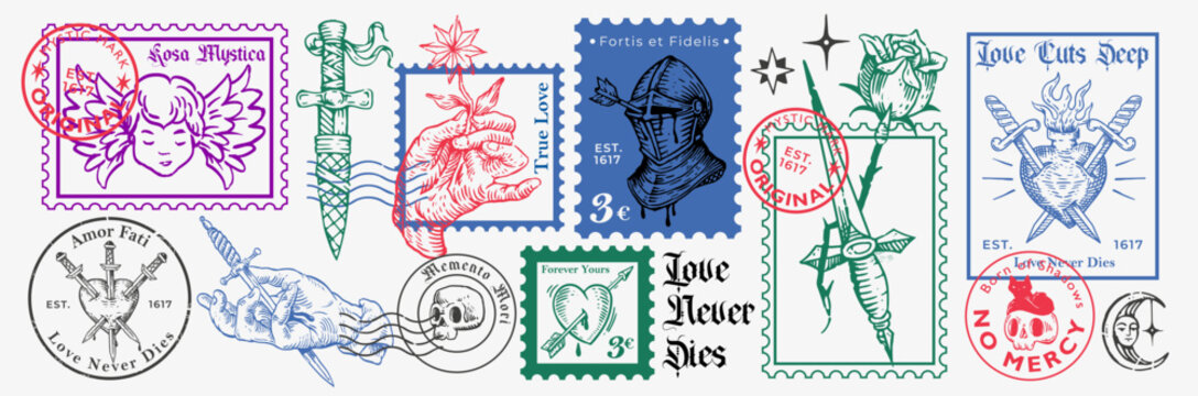 Vintage gothic postage stamp collection with sacred heart, dagger, angel, knight helmet, rose, skull and mystical symbols. Engraved medieval vector set for tattoos, stickers, branding and apparel.