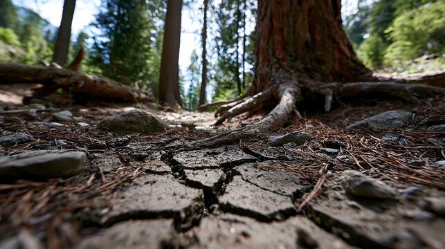 Tiefe Trockenheitsrisse im Waldboden als Symbol f&uuml;r Klimawandel