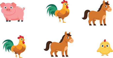 Fototapeta premium Cute domestic farm animals cartoon character icon set vector illustration featuring friendly pig, horse, rooster, and little baby chick elements.