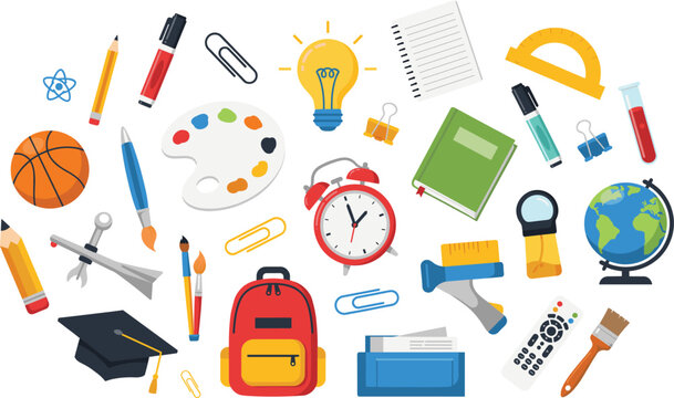 Education school supplies icon collection with backpack, books, globe, art tools, stationery and classroom objects isolated illustration design