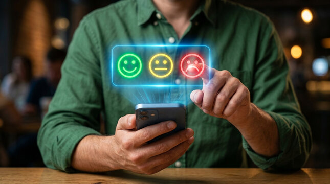 Man holding a smartphone with a holographic customer satisfaction display featuring green happy, yellow neutral, and red sad emojis while pointing at the unhappy icon.