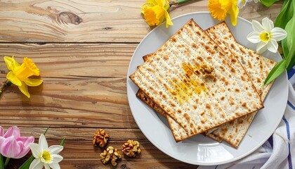 Fototapeta premium A square piece of matzo on a round plate surrounded by tulips, daffodils, and walnuts on a rustic wooden table, bathed in warm sunlight, symbolizing renewal, tradition, and seasonal celebration.