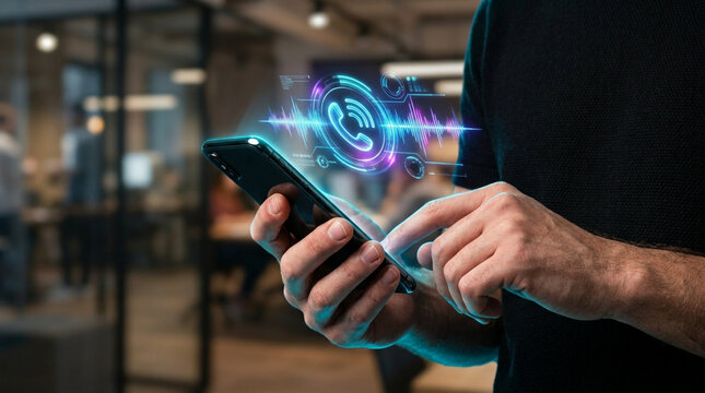 Person holding a smartphone with a holographic phone call icon and digital sound waves, illustrating voice communication technology and VoIP services in a modern office.