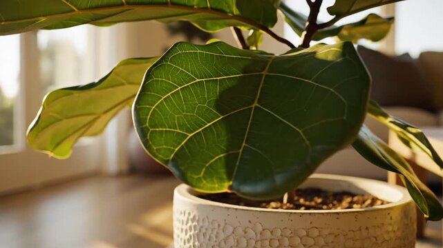 A large green leafy plant sits in a white pot on a wooden floor indoors.