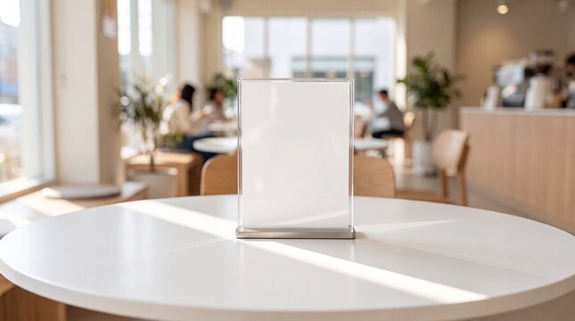 Menu board on a table in a modern cafe interior with people with sitting tables background white table bright blank menu restaurant beverage coffee lounge with dining