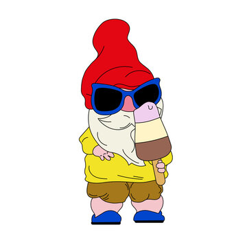 Vector illustration of dwarf in sunglasses with ice cream isolated on white.