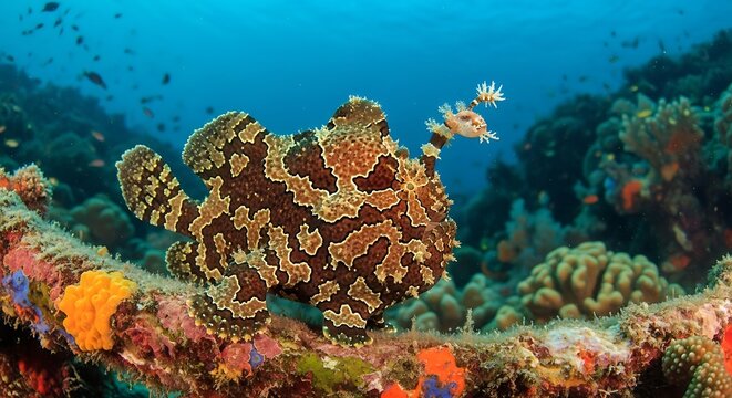 Camouflaged Frogfish Resting on Colorful Coral Reef Underwater