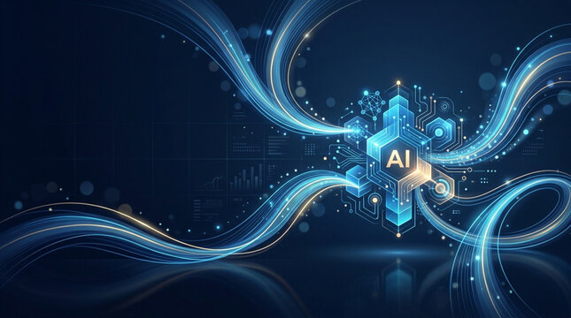 Artificial intelligence concept illustration featuring a glowing blue hexagonal AI core with digital circuit patterns, flowing light energy trails, and data visualization charts on a dark background.