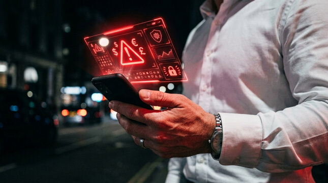 Man holding smartphone at night with red holographic warning interface showing financial icons, security alerts, and data charts against blurred urban city background.