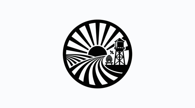 Black and white circular logo icon featuring a farm field with sun rays and a water tower.