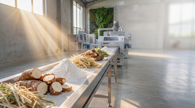 Cassava roots and processed starch on an industrial conveyor belt for sustainable biodegradable plastic manufacturing