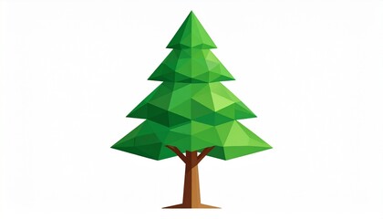 Fototapeta premium A stylized low-poly pine tree with layered triangular foliage and a brown trunk, standing on a clean white background, symbolizing nature’s simplicity, digital art, and geometric harmony.
