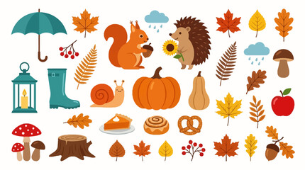 Cute Autumn Illustration Set Featuring Squirrel, Hedgehog, Pumpkin, Leaves, and Cozy Fall Elements for Seasonal Design, Thanksgiving Decorations, and Woodland Themed Vector Graphics Collection © Ayong