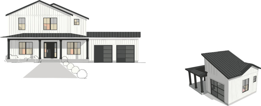 Minimalist residential house design icon showing contemporary suburban real estate property with white siding, black trim, and separate outdoor studio.