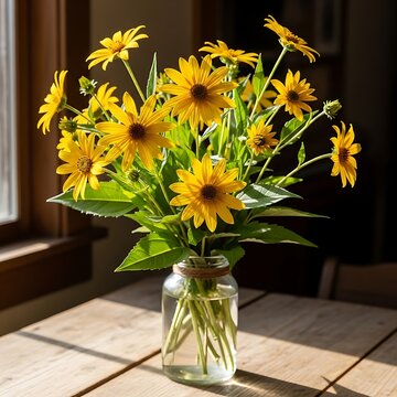 Bright Yellow Wildflower Bouquet Arranged in Glass Jar on Sunlit Wooden Table
