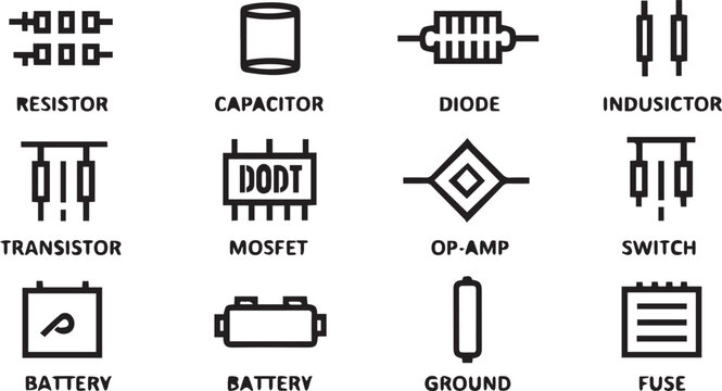 Black and white symbols of electronic components: resistor, capacitor, diode, inductor transistor de