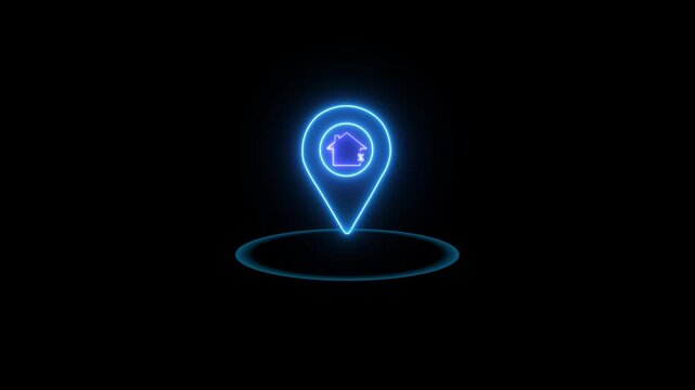 Geographic home location marker anchors regional neighborhood mapping targets on dark. Real estate property locator systems apply a geographic home location marker layout.