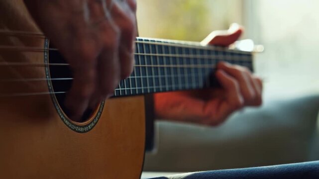 Close-up of hands playing acoustic guitar with right-hand pluck and left-hand chord on fretboard under warm window light