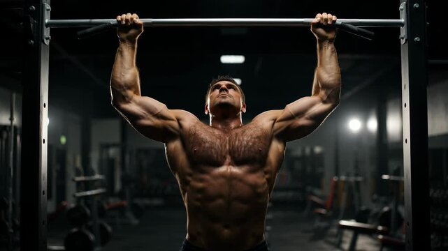 Muscular Bodybuilder Performing Pull-Ups on Horizontal Bar in Dark Gym