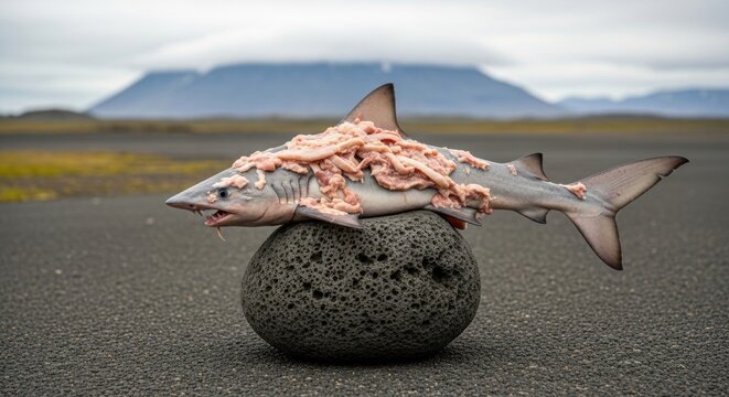 Raw shark carcass prepared with raw meat on top sits on volcanic rock in remote landscape