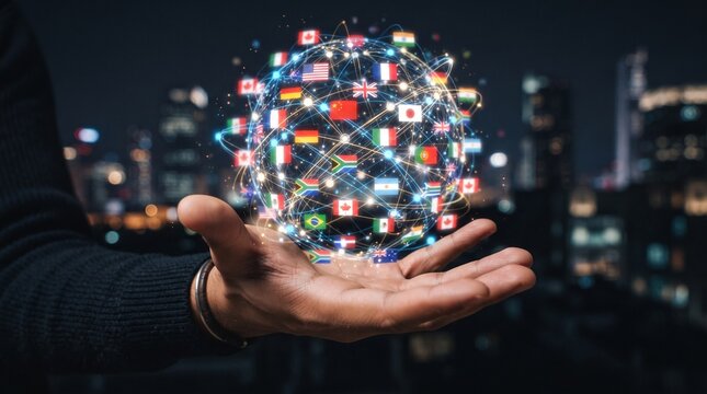 Hand lifts globe with radiant flags and light; surreal ceremony of globalization and cooperation, duality of fragility and resilience, abstract echoes of heritage, awareness, and identity.